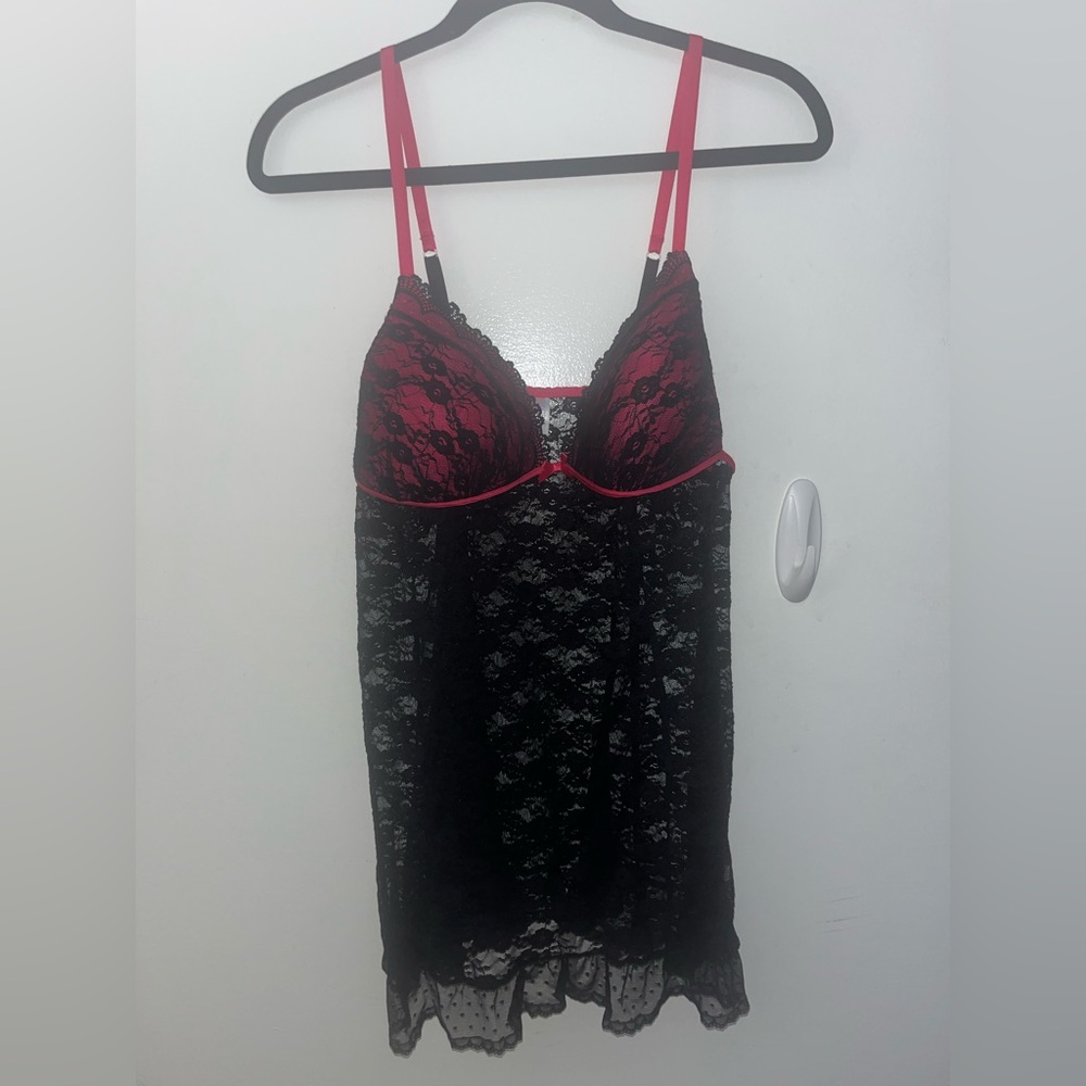 Secret Treasures Black Lace Chemise with Pink Accents